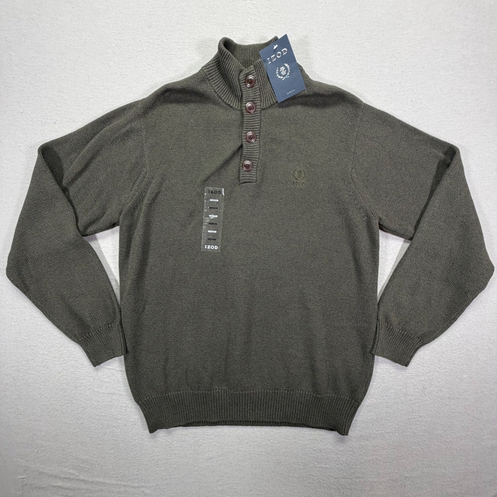 IZOD Mens Sweater NWT Regular Aged Moss Marled Mock Neck Button Medium